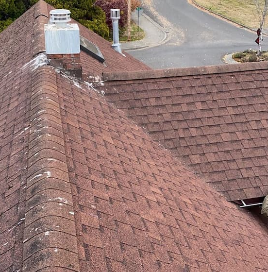 Old roof with missing shingles in Surrey before replacement