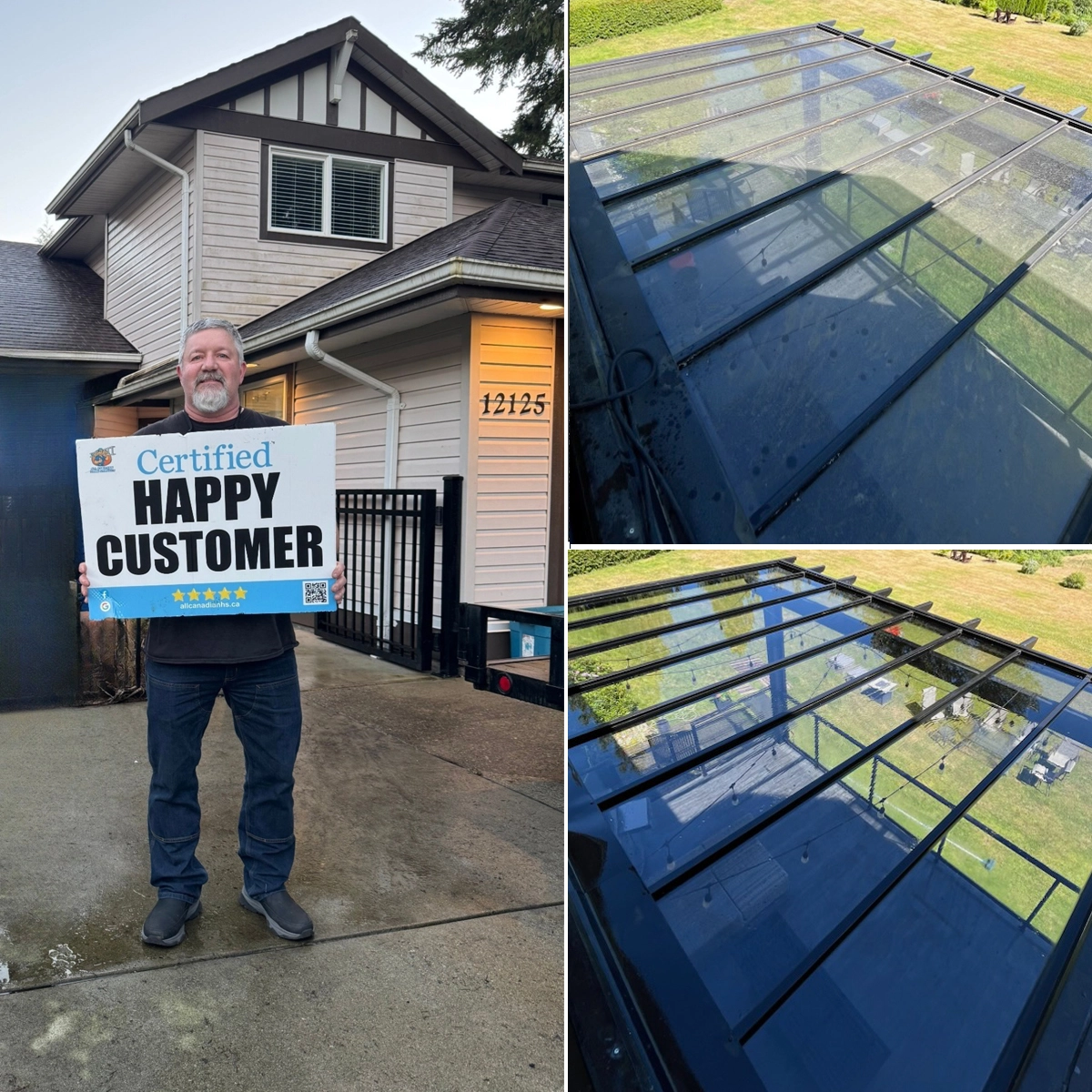 Glass awning cleaning before and after in Surrey BC