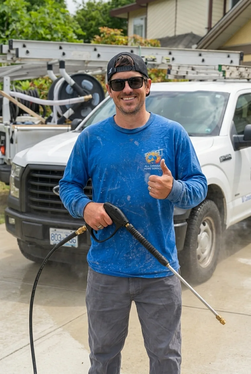 All Canadian Home Services pressure washing technician with a wand in front of the company truck in Vancouver BC