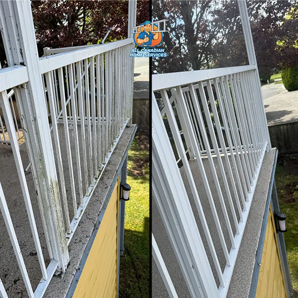 White metal balcony railing in Vancouver BC with green algae growth before cleaning and bright white after