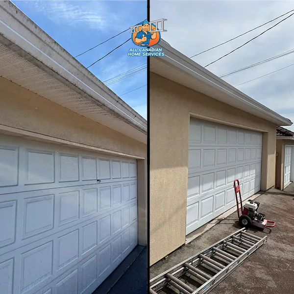 Dirty garage gutter face and stucco wall in Vancouver BC before cleaning, and the same garage clean after