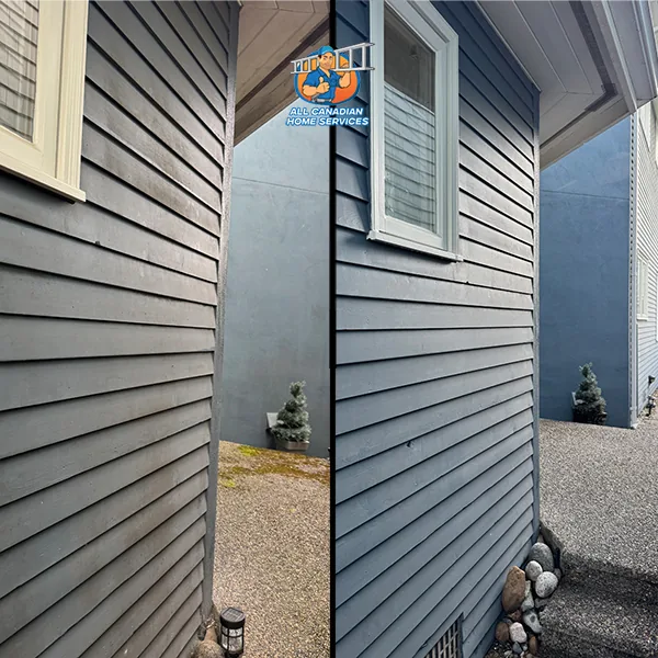 Grey blue lap siding dirty before house washing in Vancouver BC and clean after