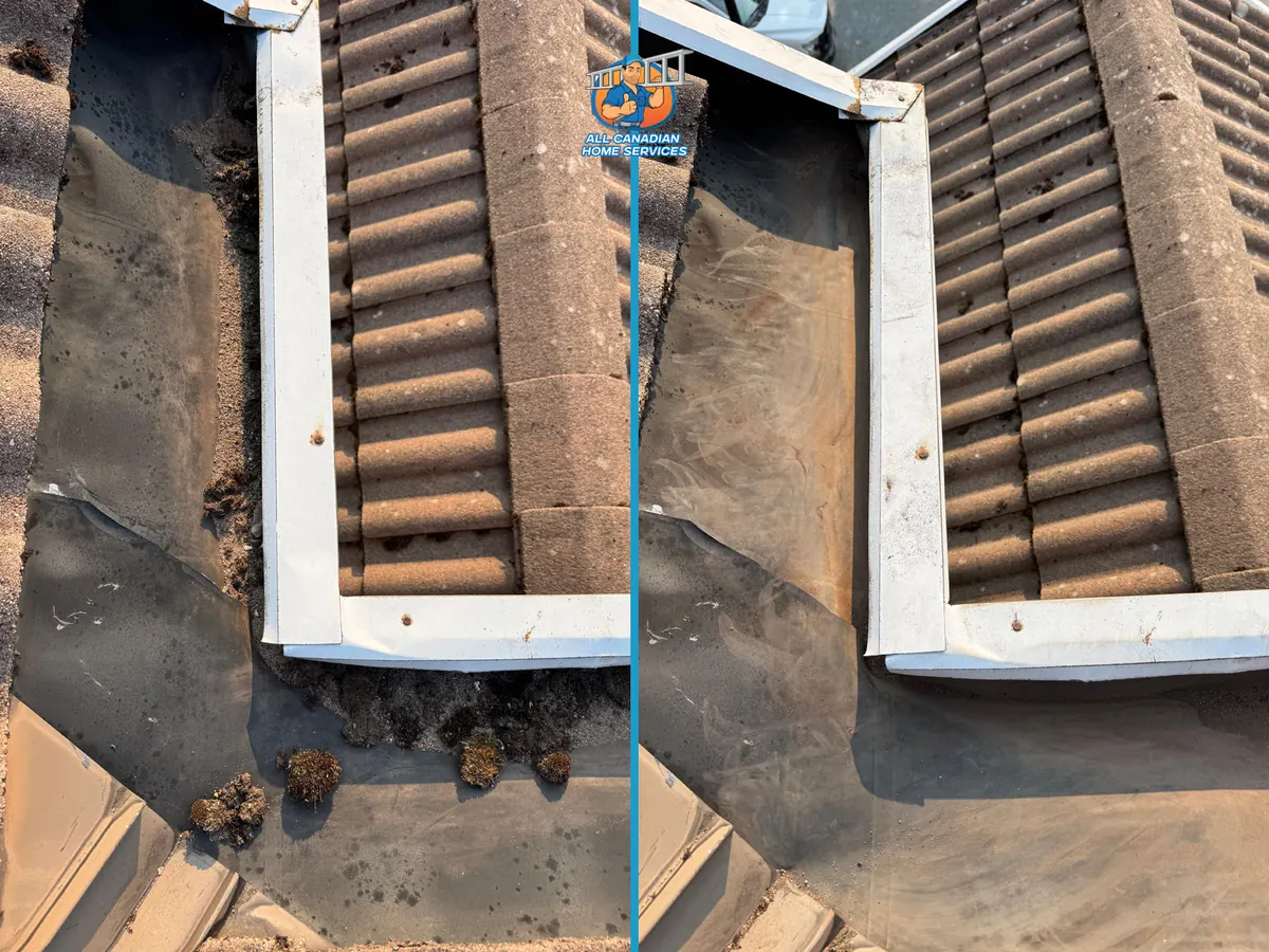 Shingle grit and debris cleared from a gutter before and after in Surrey BC