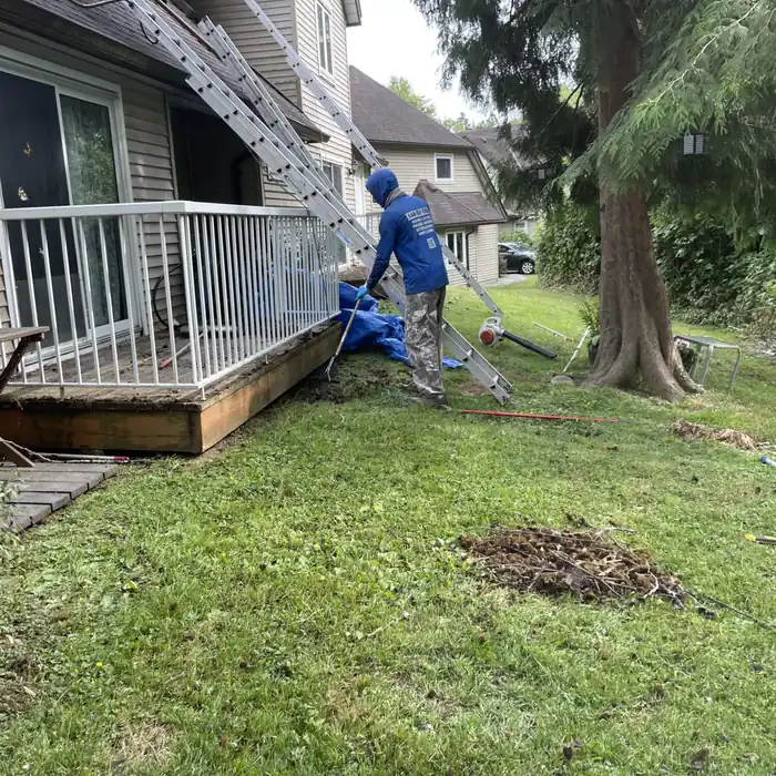 Technician raking gutter debris off the lawn into a tarp beside a townhouse deck, Surrey BC