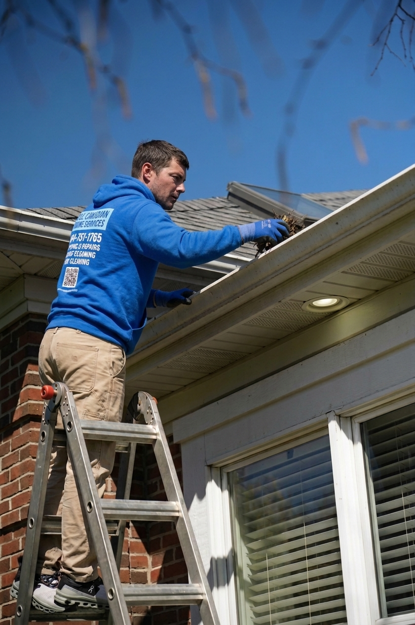 All Canadian Home Services technician clearing gutter debris from a ladder in Surrey BC