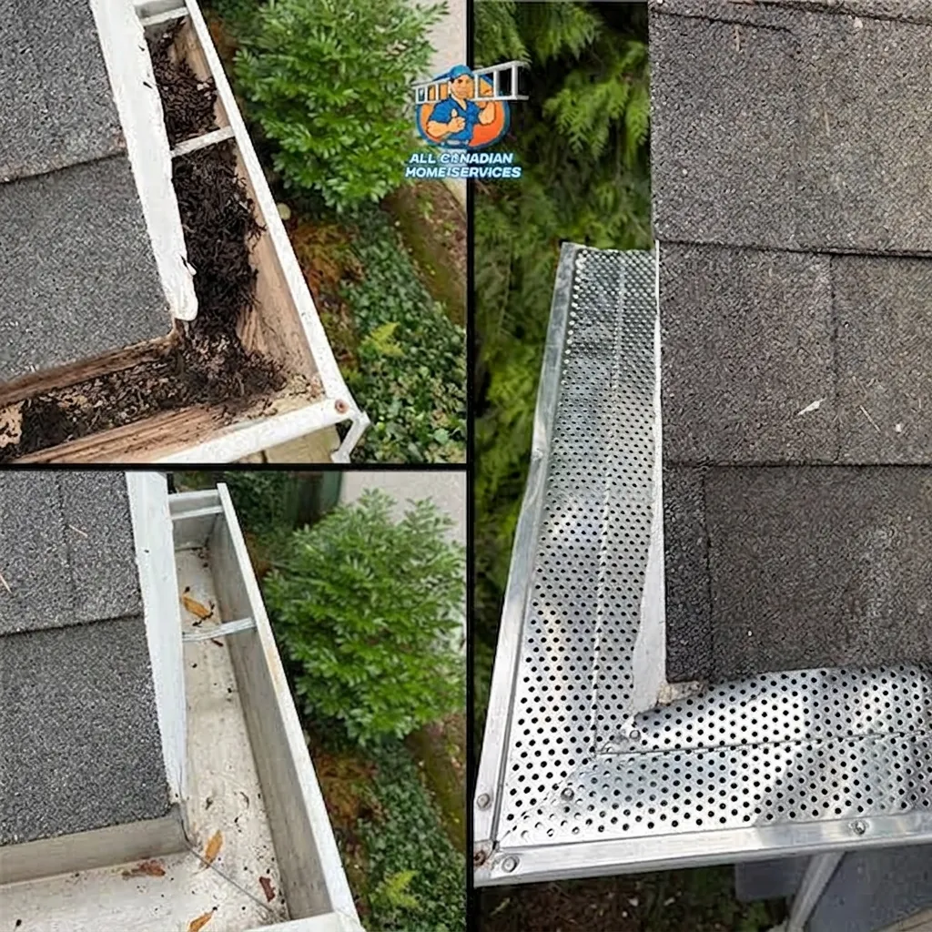 Gutter packed with fir needles, the same gutter cleaned out, then covered with a small-hole gutter guard