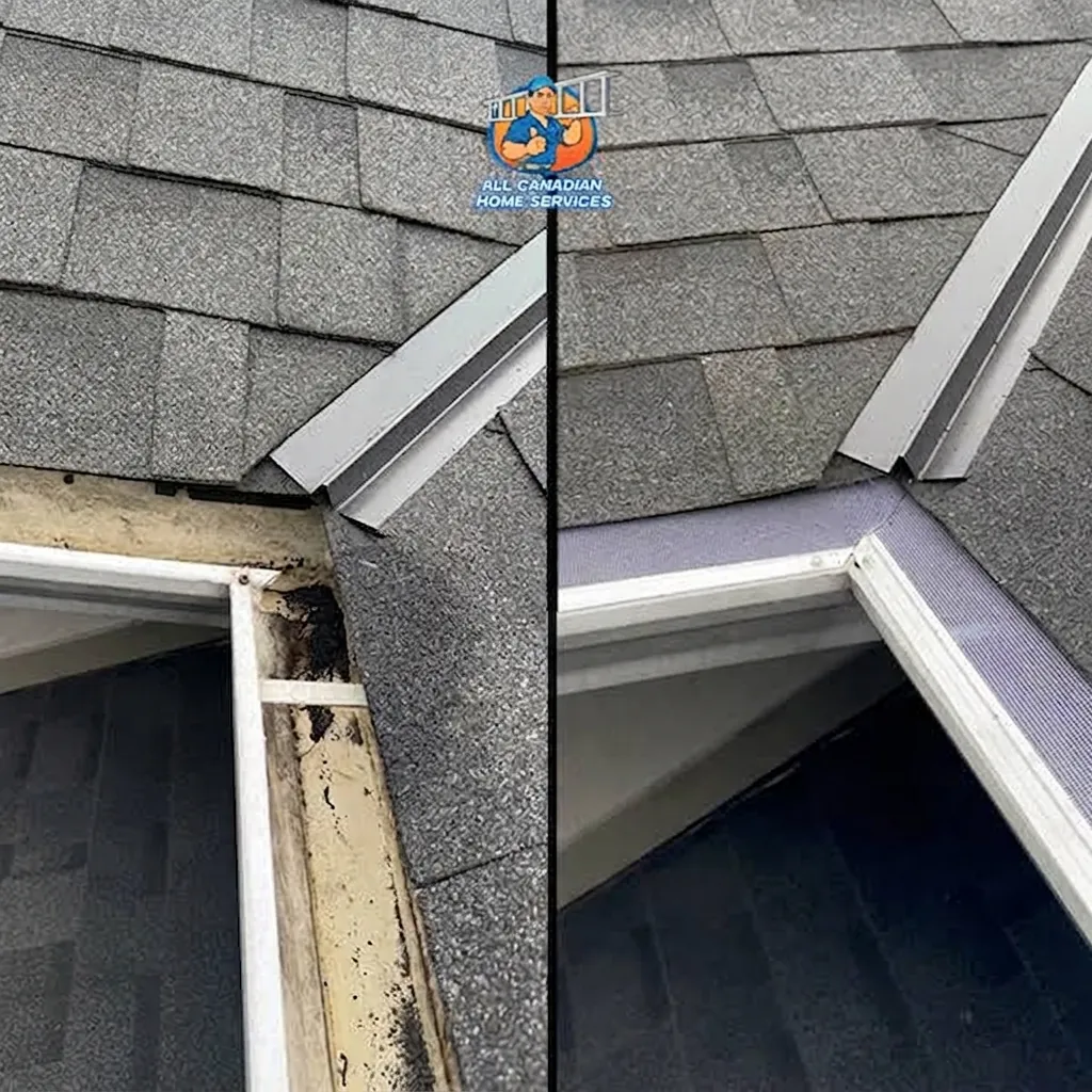Gutter corner before and after: dirty open gutter, then the same corner covered with a gutter guard