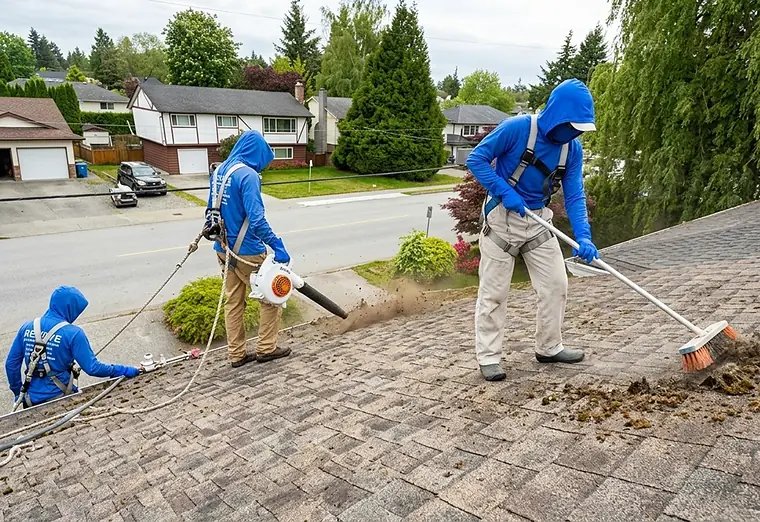 All Canadian Home Services crew soft washing moss off a roof in Surrey BC