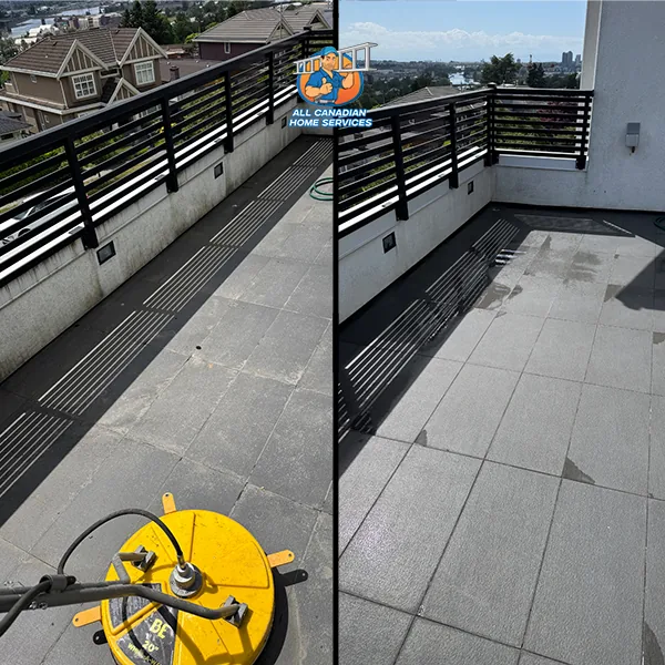 Grey paver rooftop patio in Vancouver BC before pressure washing and the same terrace clean after
