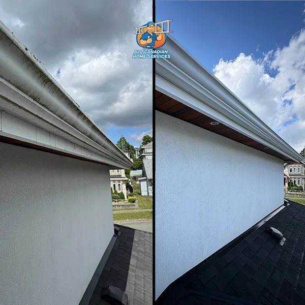Streaked white stucco wall and gutter face in Vancouver BC before cleaning, bright white after