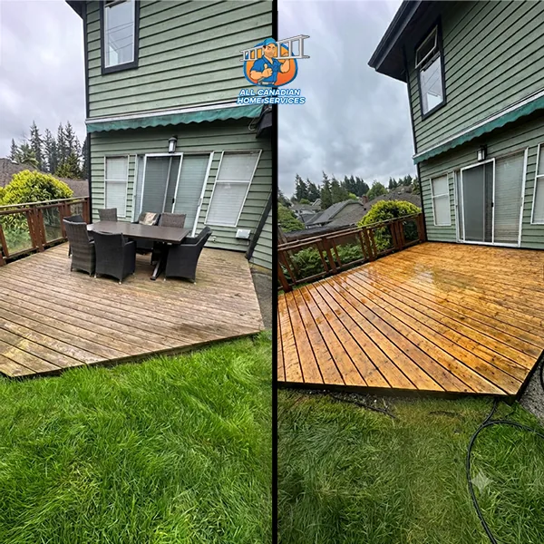 Grey weathered wooden deck in Vancouver BC before pressure washing beside the same deck cleaned back to bare wood